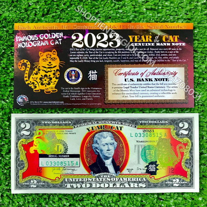 Tiền 2 USD Hình Con Mèo Mạ Vàng 2023 (Mẫu 2 Mèo Đứng)